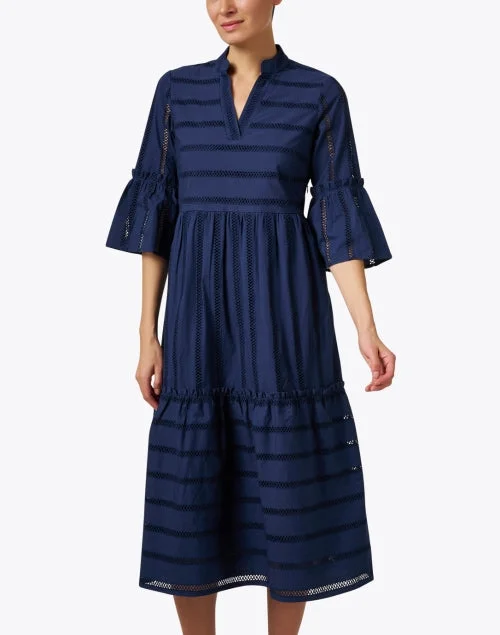 Navy Eyelet Stripe Midi Dress