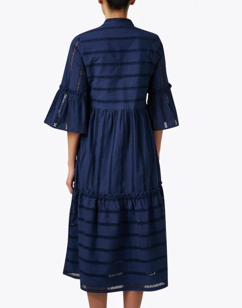 Navy Eyelet Stripe Midi Dress