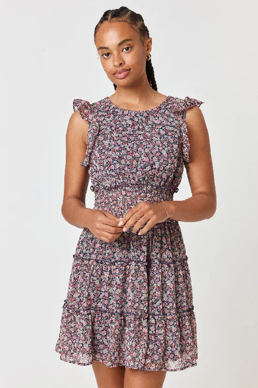 Navy Multi Floral Smocked Waist Dress