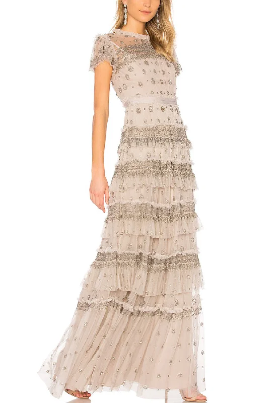 Light Grey Short Sleeves Embellished Ruffled Tiered Gown (UK 6)