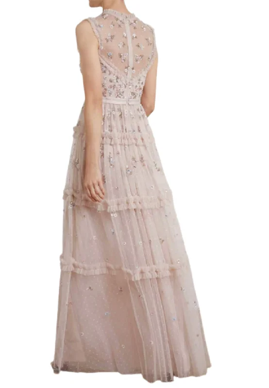 Nude Shimmer Ditsy Sleeveless Floral Embellished Gown