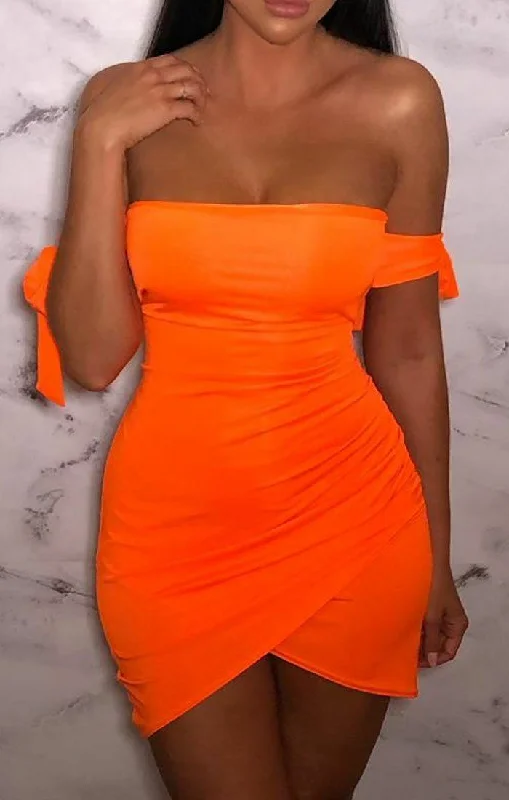 Neon Orange Slinky Bardot Wrap Mini Dress - Dorothy