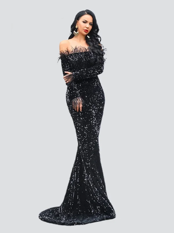 Off Shoulder Feather Sequin Evening Dress FT19005