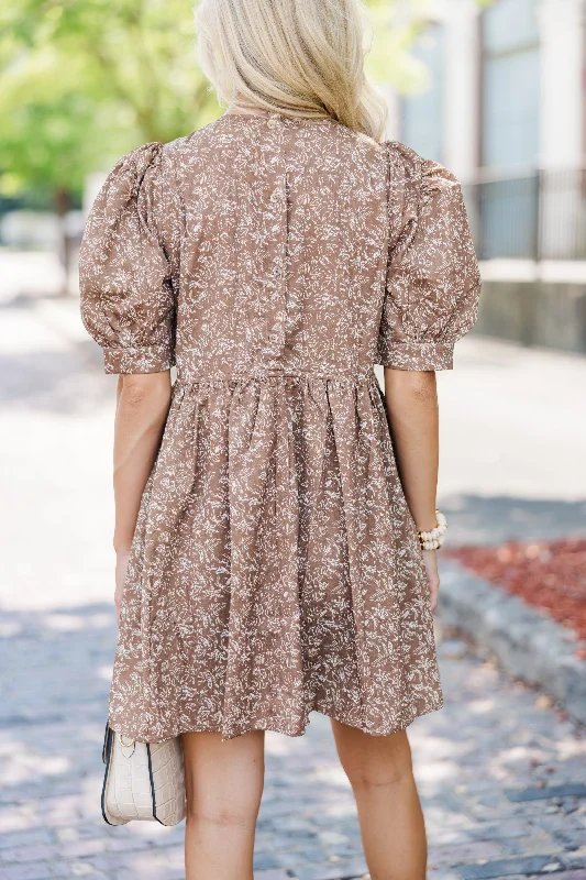 Oh So Thankful Butterscotch Brown Ditsy Floral Babydoll Dress