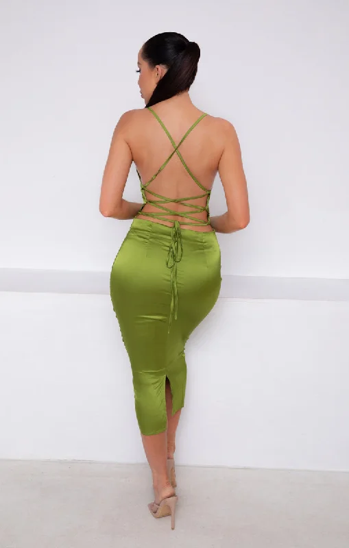 Olive Green Satin Strappy Tie Detail Bodycon Midi Dress - Zyra