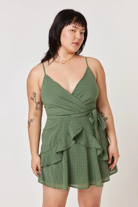 Olive Strappy Ruffle Dress