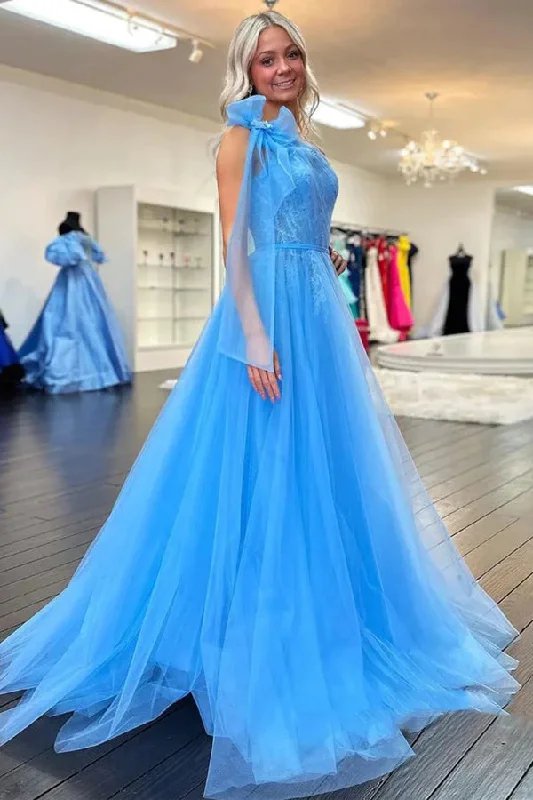 One Shoulder Blue Lace Long Prom Dresses with Slit PSK537