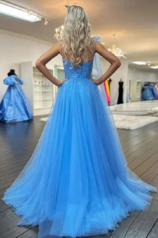 One Shoulder Blue Lace Long Prom Dresses with Slit PSK537