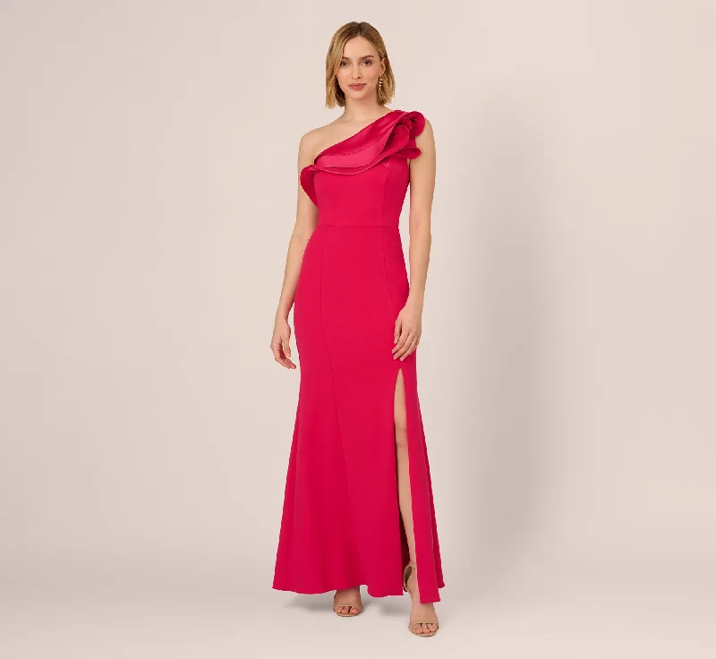 One Shoulder Mermaid Gown With Ruffled Neckline In Pink Cherry