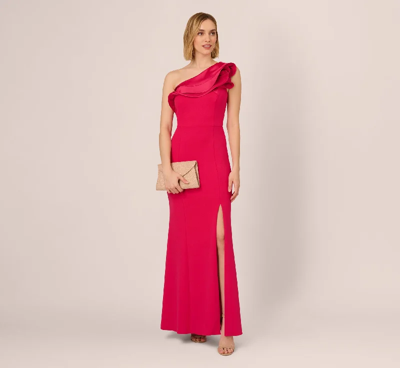 One Shoulder Mermaid Gown With Ruffled Neckline In Pink Cherry