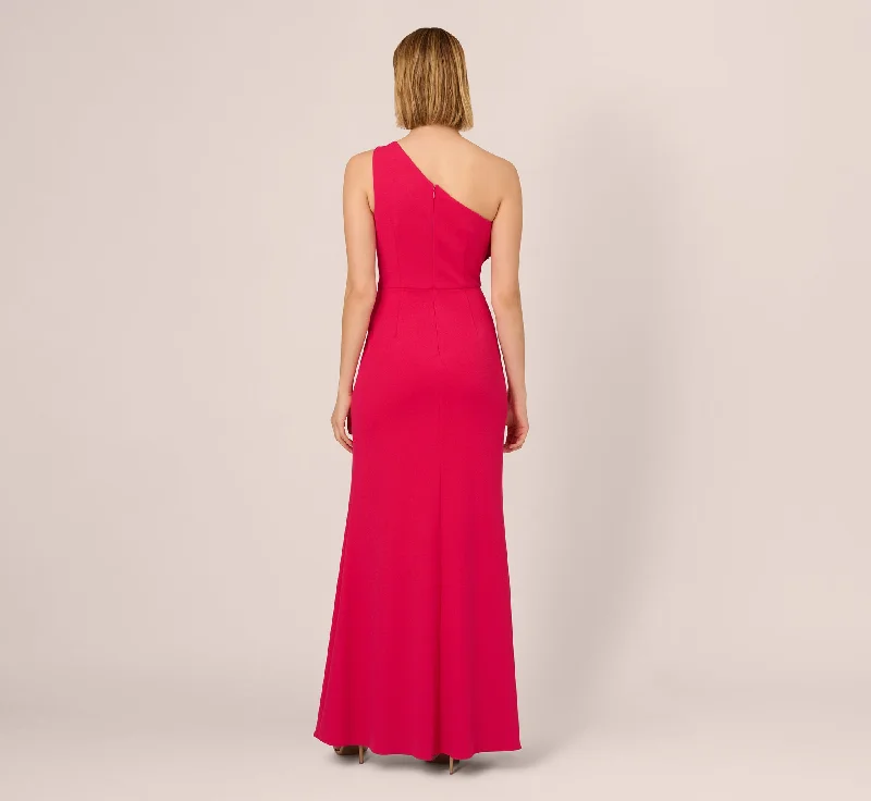 One Shoulder Mermaid Gown With Ruffled Neckline In Pink Cherry