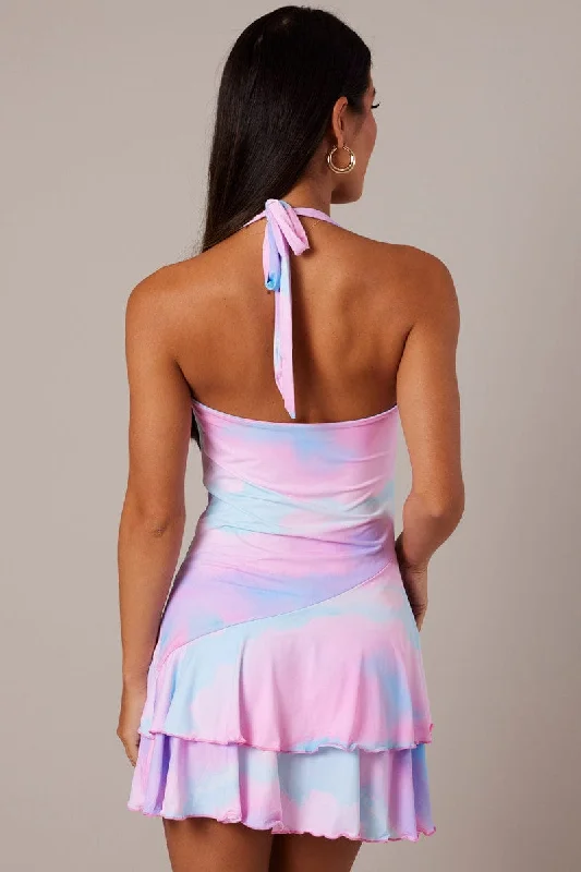 Pink Abstract Halter Dress Cowl Neck Layered Skater Dress