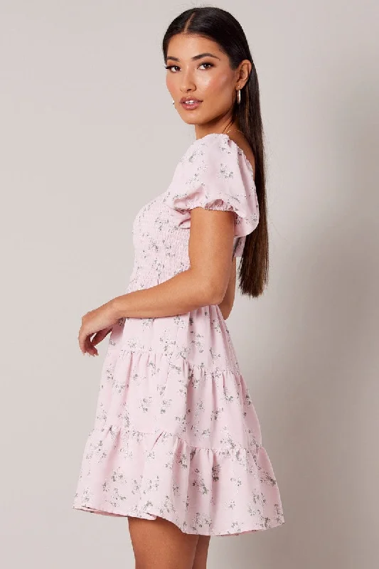 Pink Floral Fit And Flare Dress Puff Sleeve