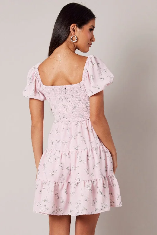 Pink Floral Fit And Flare Dress Puff Sleeve