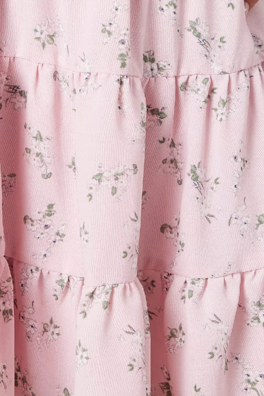 Pink Floral Fit And Flare Dress Puff Sleeve