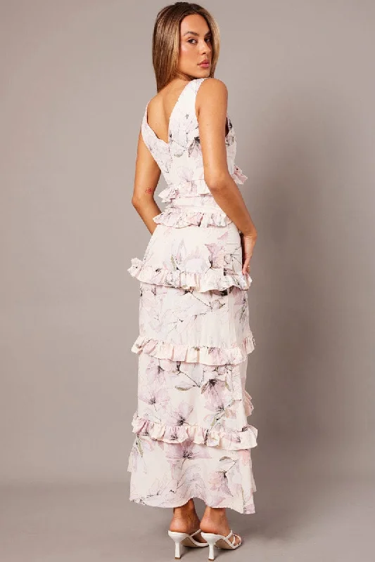 Pink Floral Maxi Dress Tiered Ruffles