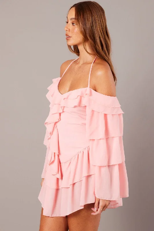 Pink Ruffle Dress Bardot Layered Frill Sleeve Dress