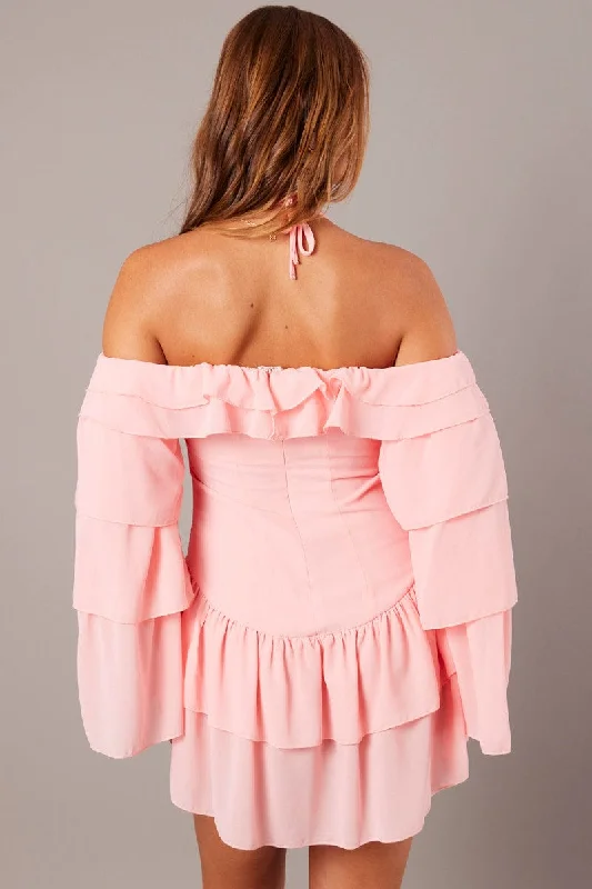 Pink Ruffle Dress Bardot Layered Frill Sleeve Dress