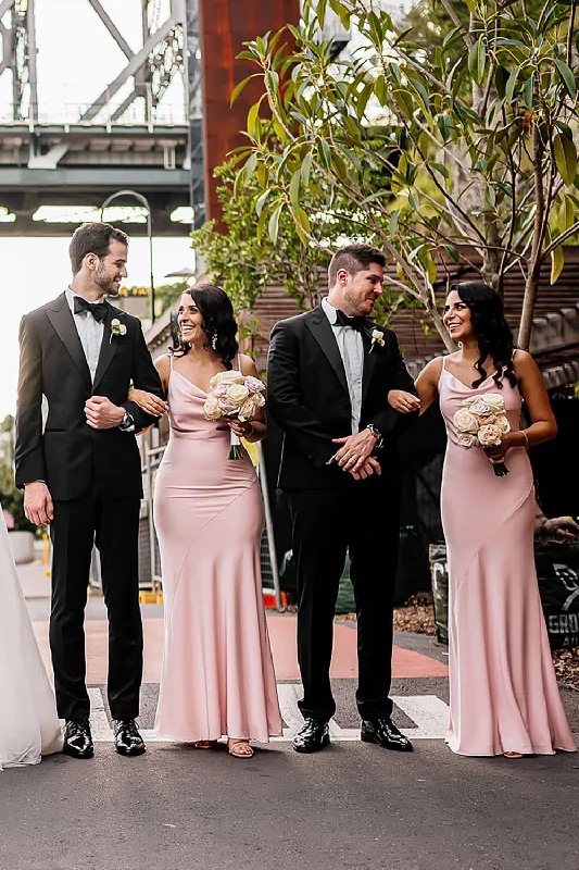 Pink Sheath Spaghetti Straps Long Bridesmaid Dress