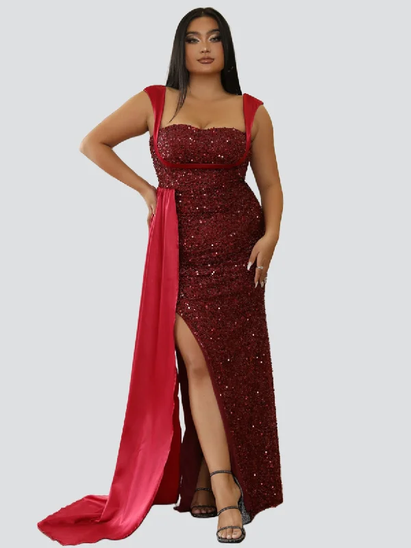 Plus Size Sleeveless Draped Sequin Prom Dress PXH2162