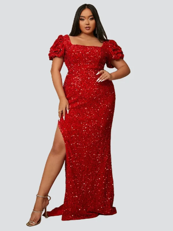 Plus Size Square Neck Puff Sleeve Sequin Red Dress PXH2084