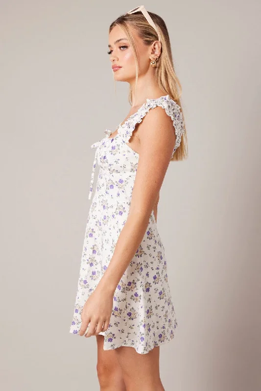 Purple Floral Fit And Flare Dress Mini