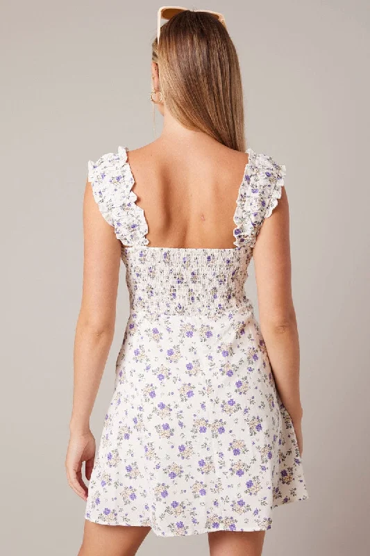 Purple Floral Fit And Flare Dress Mini