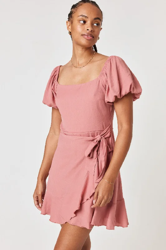 Rose Puff Sleeve Wrap Dress