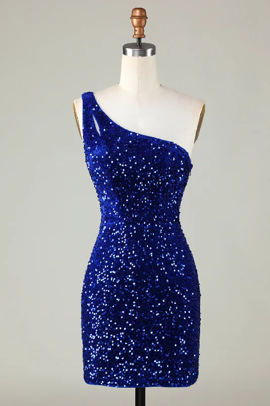 Sequins One Shoulder Royal Blue Tight Beading Short Homecoming Dress