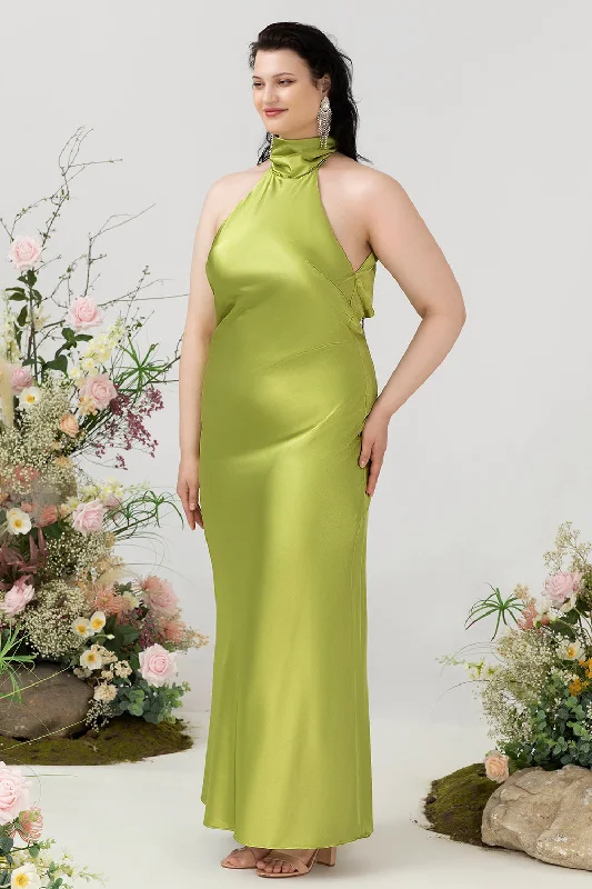 Sheath Halter Open Back Lemon Green Plus Size Wedding Guest Dress