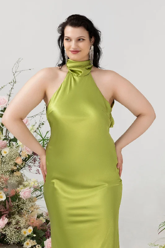 Sheath Halter Open Back Lemon Green Plus Size Wedding Guest Dress