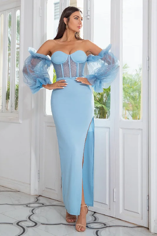 Sheath Off the Shoulder Sky Blue Prom Dress Long Sleeves