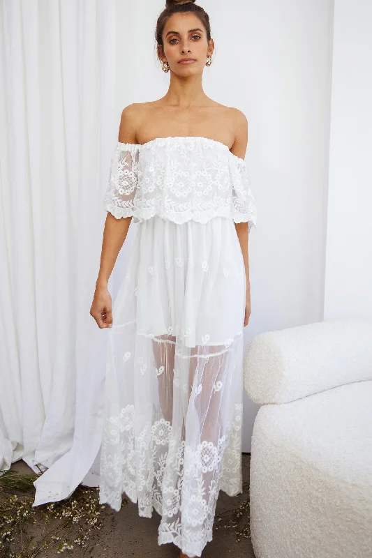 Signet Off-Shoulder Embroidered Mesh Overlay Maxi Dress White