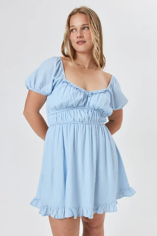 Sky Blue Puff Sleeve Ruffle Dress