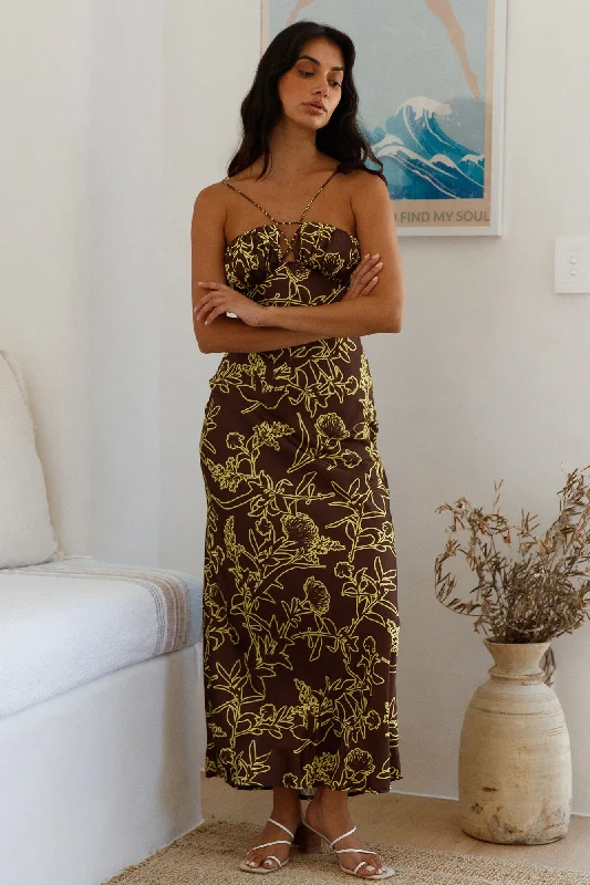 Sundown Hour Satin Maxi Dress Brown