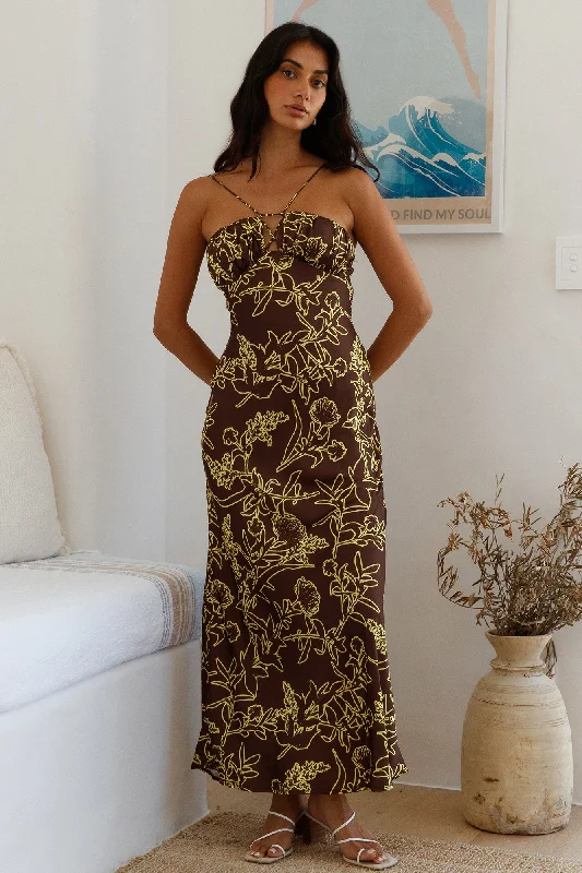 Sundown Hour Satin Maxi Dress Brown