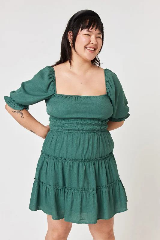 Teal Green Ruched Waist Tier Dress