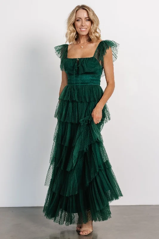 Valora Swiss Dot Tulle Maxi Dress | Dark Green