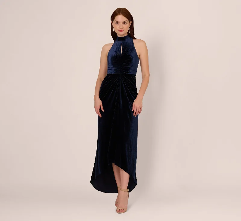 Velvet High Low Halter Gown With Cutout Mock Neck In Midnight