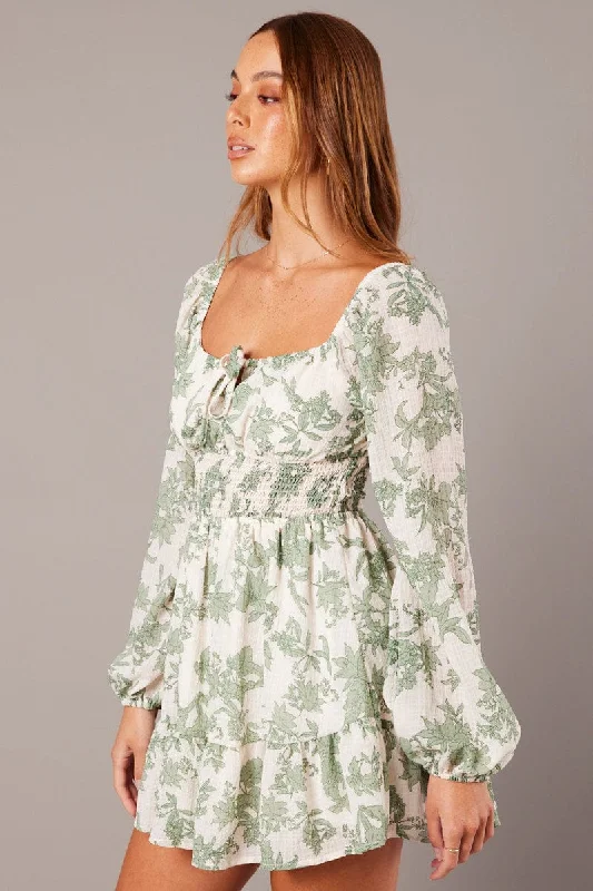 White Floral Fit and Flare Dress Long Sleeve Ruched Bust