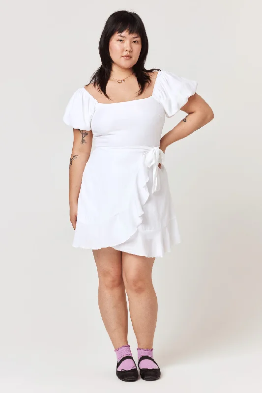 White Puff Sleeve Wrap Dress