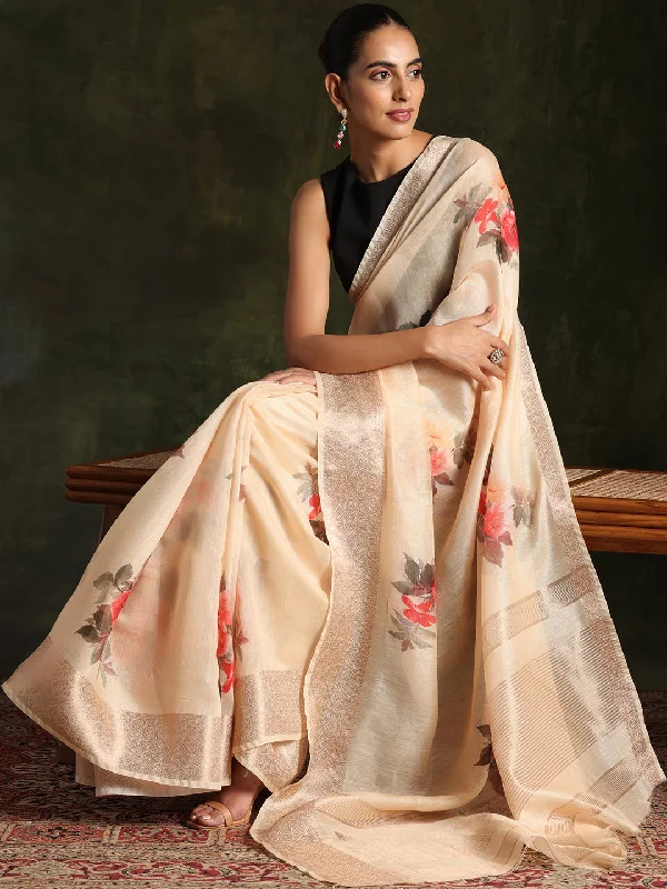 Yellow Printed Silk Blend Saree With Unstitched Blouse Piece