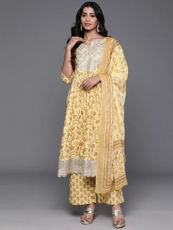 Yellow Yoke Design Cotton A-Line Kurta With Palazzos & Dupatta