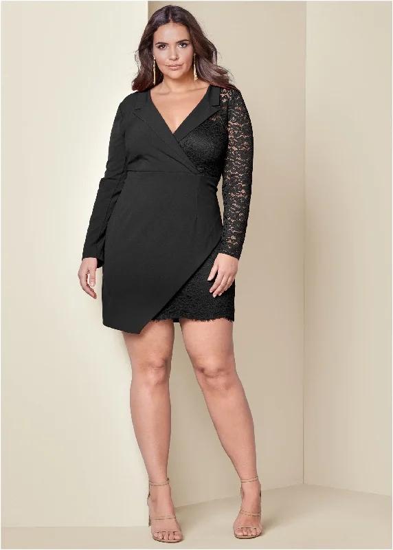 Lace surplice detail dress - Black