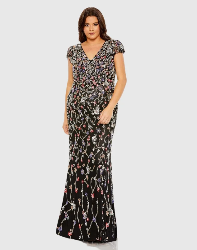 Embellished Flutter Cap Sleeve V Neck Gown