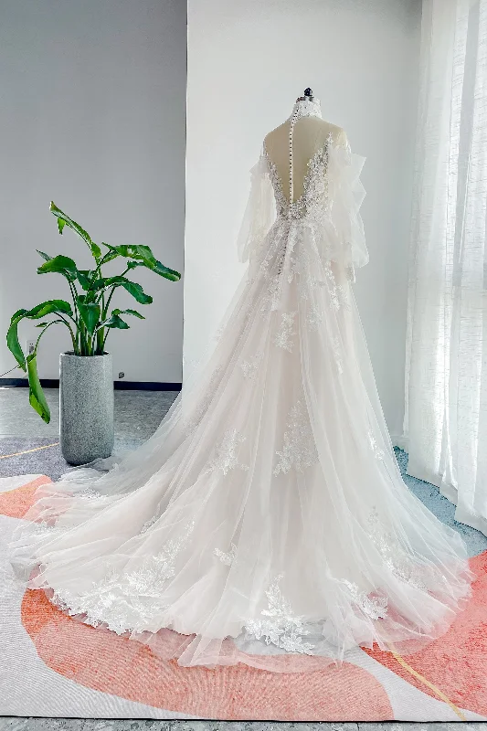 A-Line Court Train Lace Tulle Wedding Dress CW3156