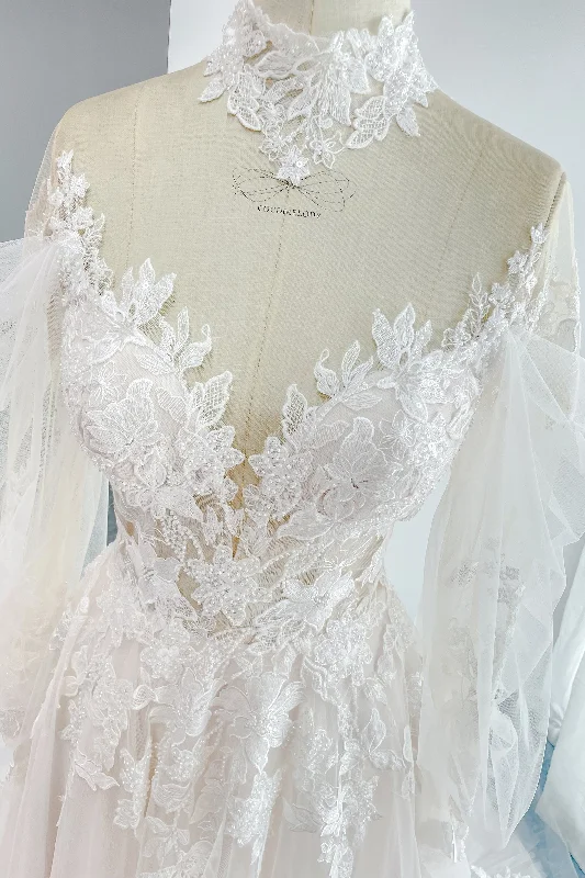 A-Line Court Train Lace Tulle Wedding Dress CW3156