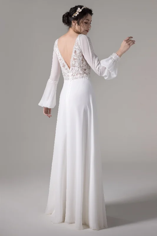 A-Line Floor Length Lace Chiffon Wedding Dress CW2778