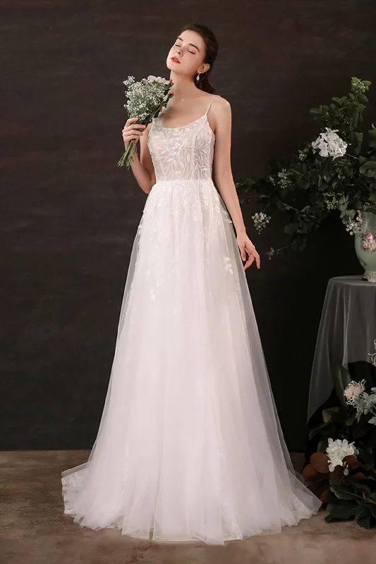 A-Line Sweep-Brush Train Lace Tulle Wedding Dress CW2684