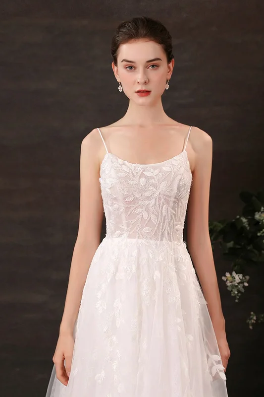 A-Line Sweep-Brush Train Lace Tulle Wedding Dress CW2684